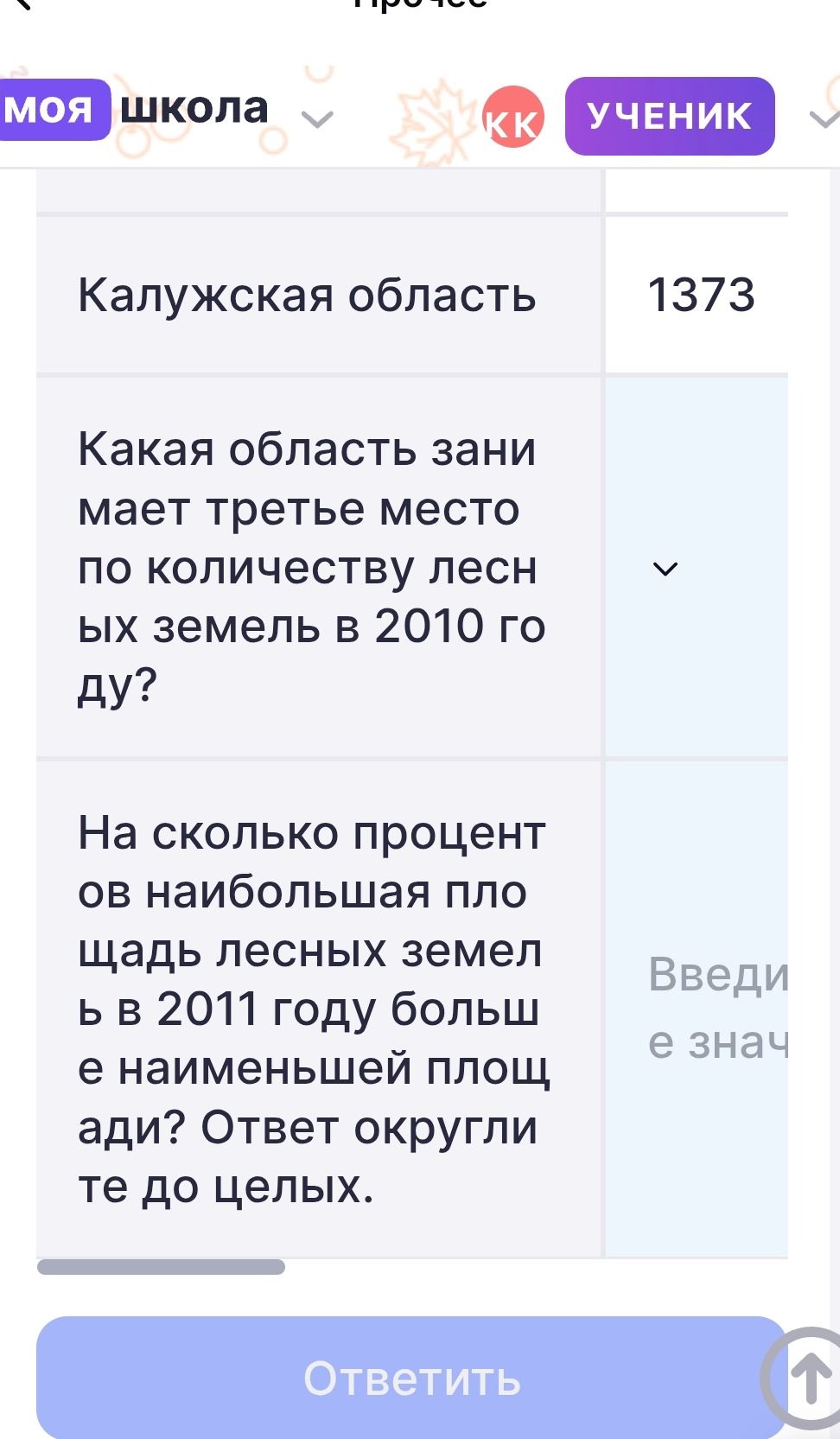 Фото задания: На сколько процентов наибольшая площадь лесных земель в 2011 году больше наименьшей площади? Ответ округлите до целых.…