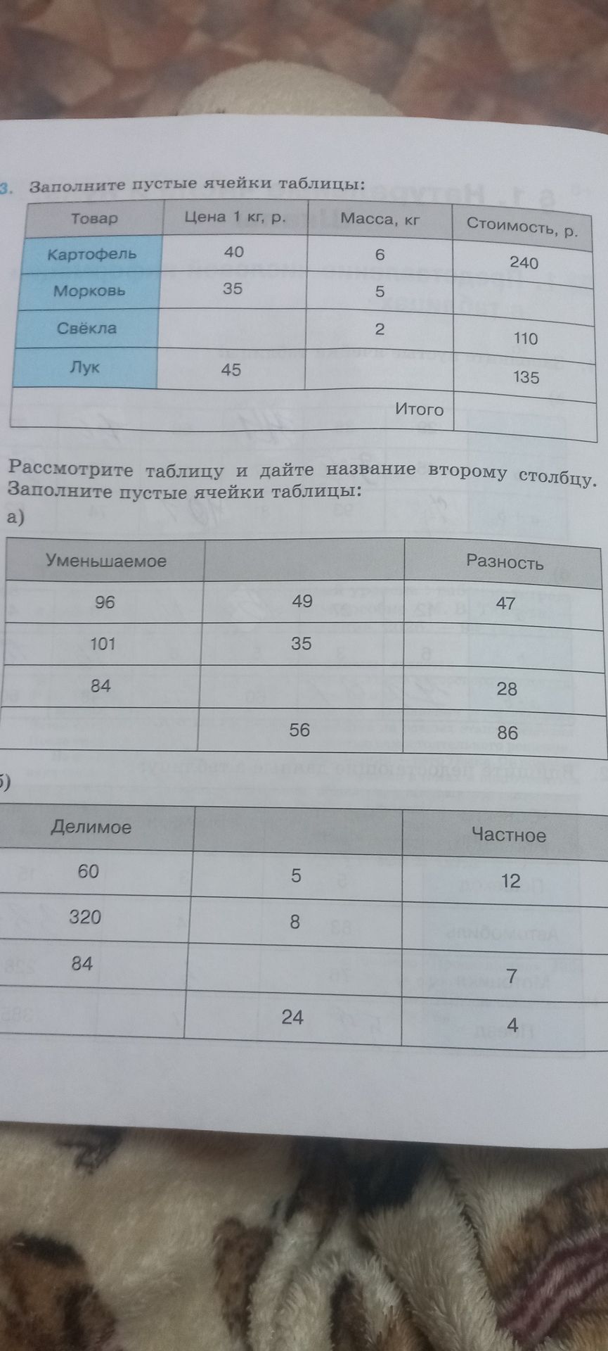 Фото задания: б) Рассмотрите таблицу и дайте название второму столбцу. Заполните пустые ячейки таблицы: Делимое — [второй столбец] —…