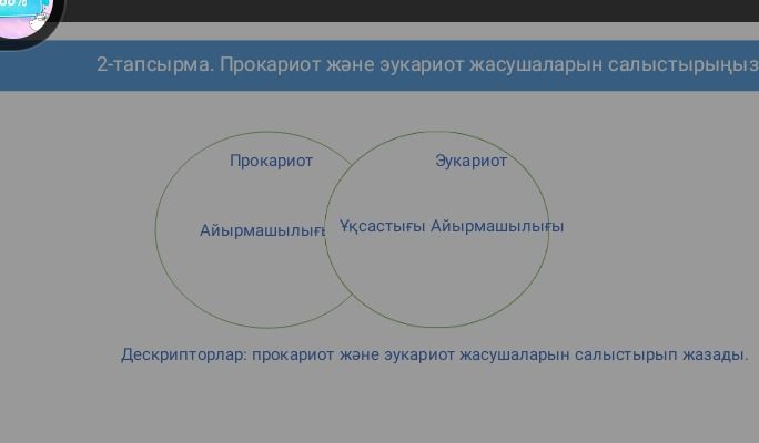 Фото задания: 2-тапсырма. Прокариот және эукариот жасушаларын салыстырыңыз. Дескрипторлар: прокариот және эукариот жасушаларын салыстырып…