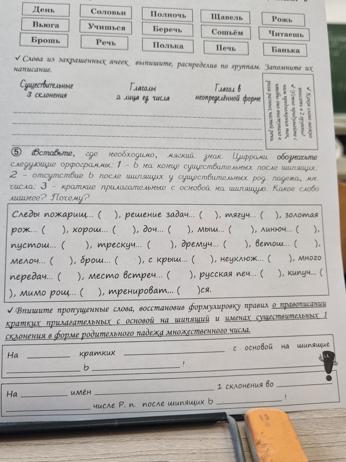 Фото задания: Слова из закрашенных ячеек выпишите, распределив по группам: существительные 3 склонения; глаголы 2-го лица единственного…