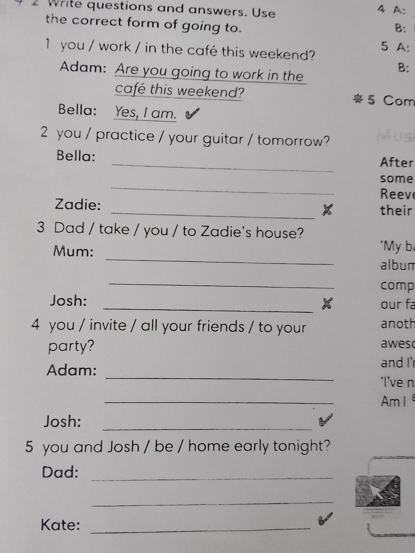 Фото задания: 2. you / practice / your guitar / tomorrow? Bella: [question] Zadie's answer: [negative answer]