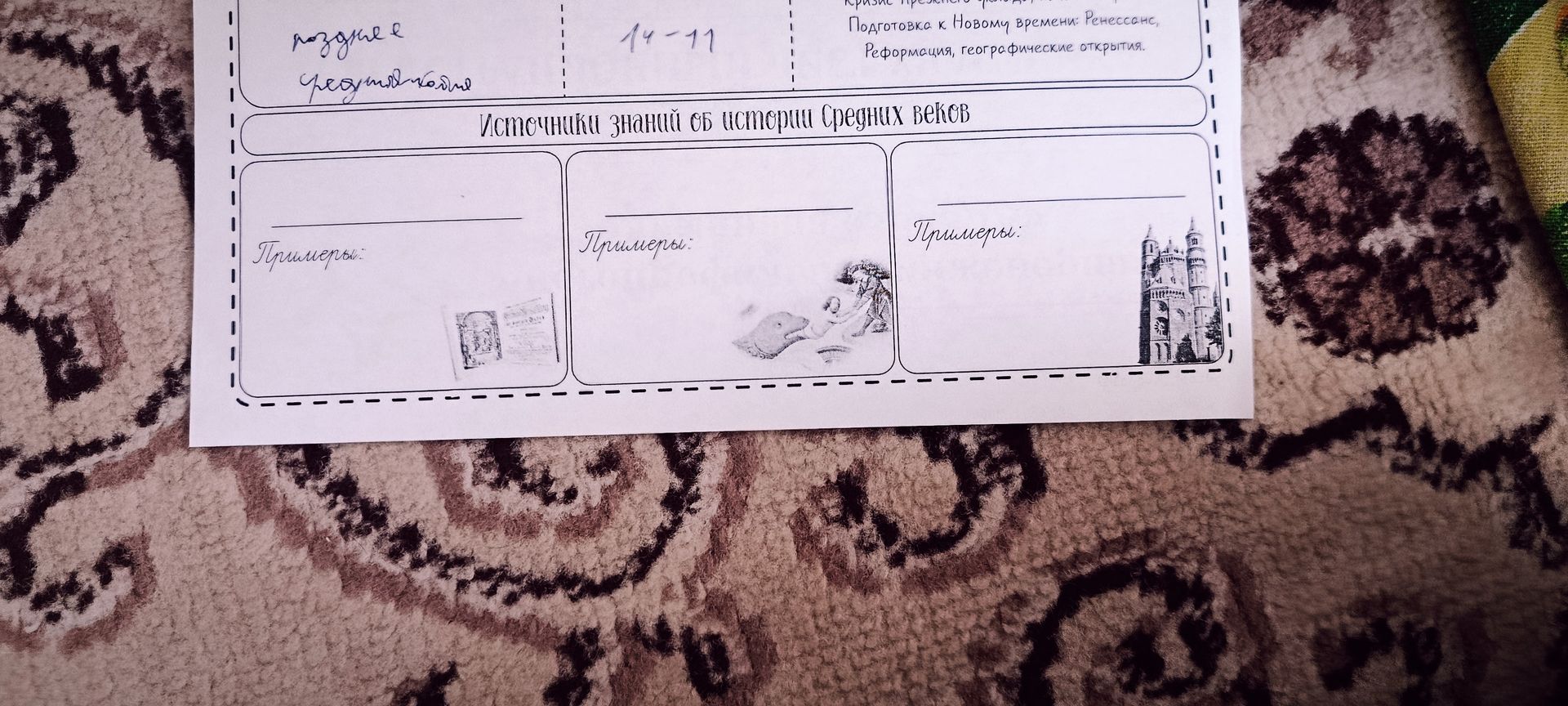 Фото задания: Источники знаний об истории Средних веков. Заполнить три блока и привести примеры.
