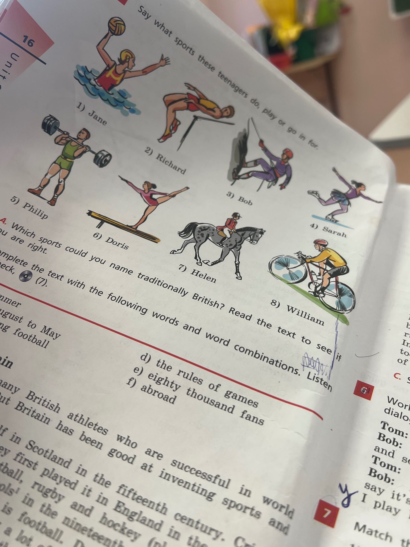 Фото задания: Say what sports these teenagers do, play or go in for: 1) Jane — swimming; 2) Richard — athletics; 3) Bob — skiing; 4)…