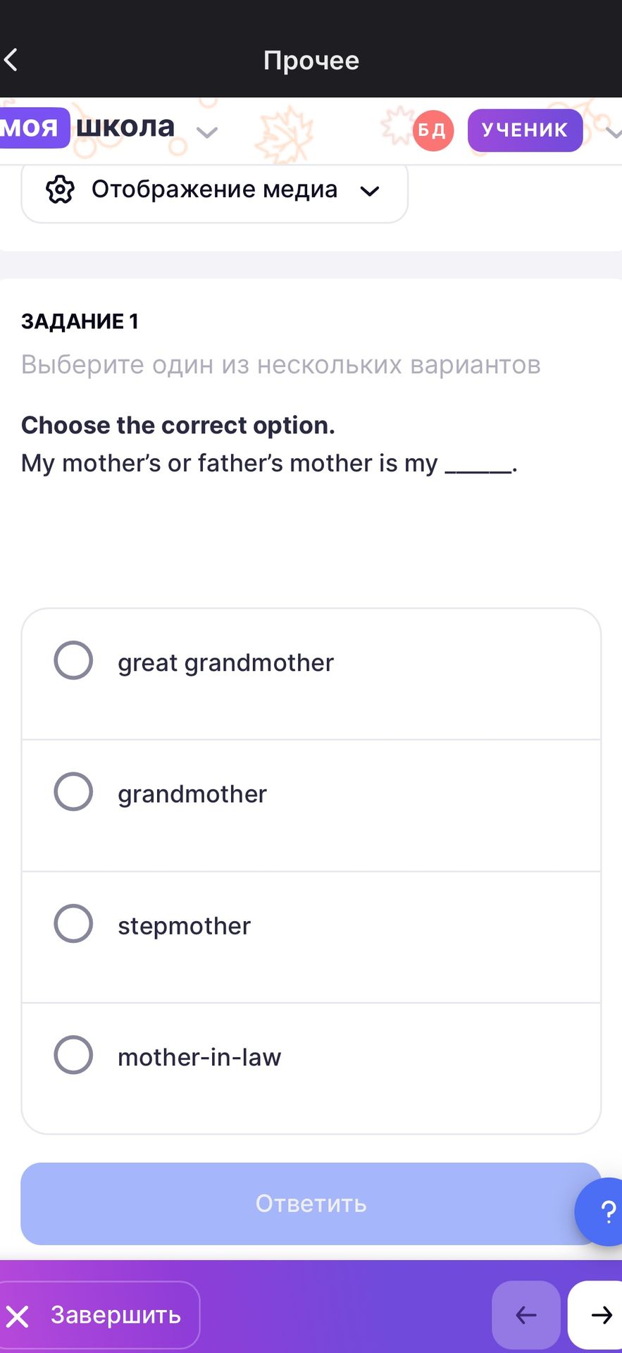 Фото задания: Choose the correct option. My mother’s or father’s mother is my ______. Options: great grandmother; grandmother;…