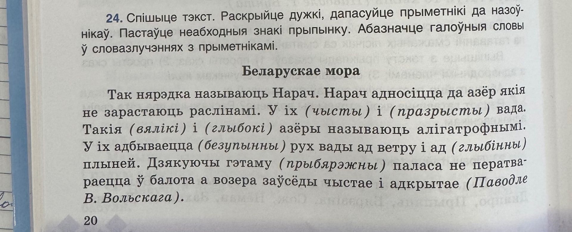 Фото задания: 24. Спішыце тэкст. Раскрыйце дужкі, дапасуйце прыметнікі да назоўнікаў. Пастаўце неабходныя знакі прыпынку. Абазначце…