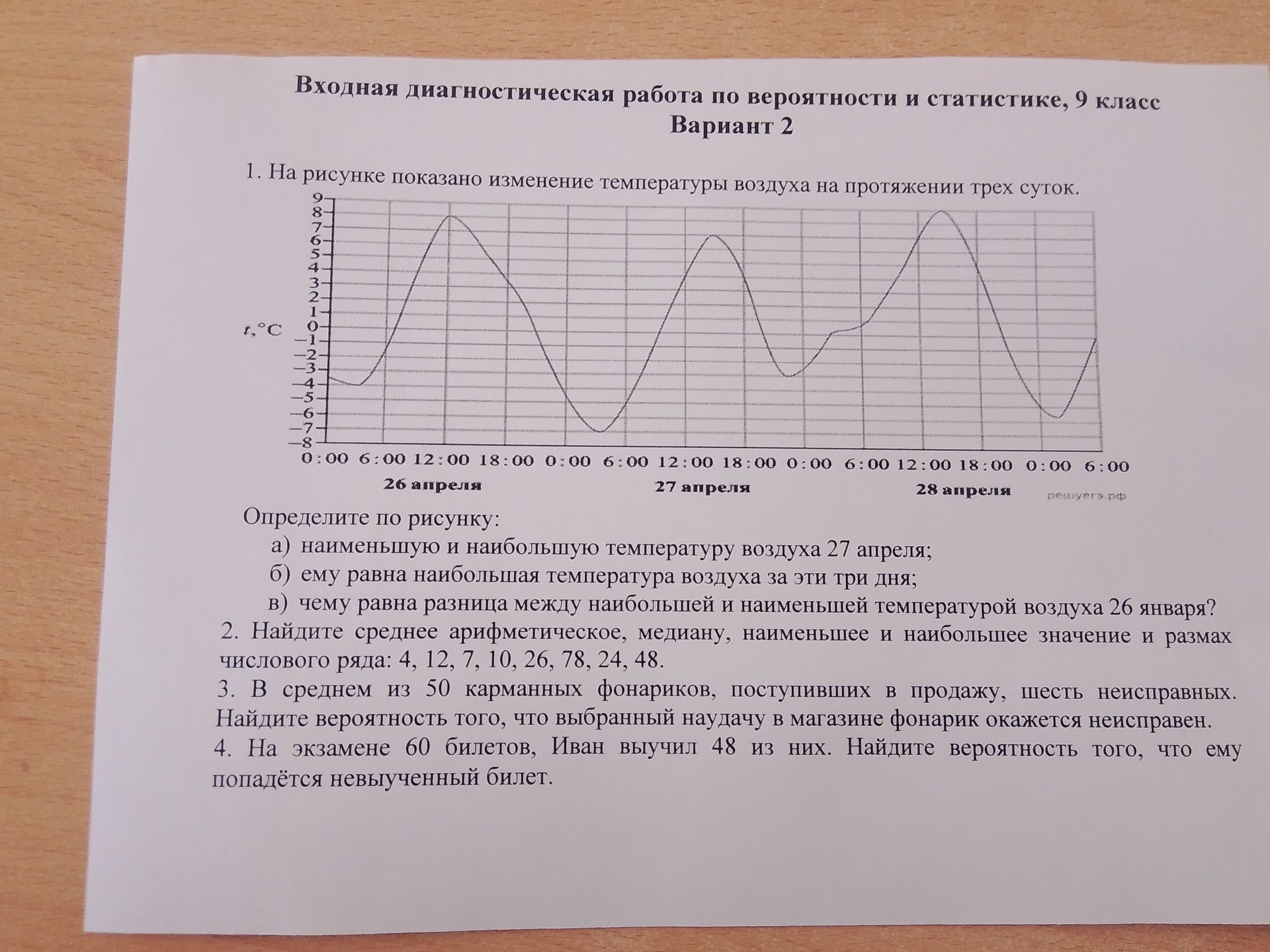 Фото задания: 4. На экзамене 60 билетов, Иван выучил 48 из них. Найдите вероятность того, что ему попадётся невыученный билет.
