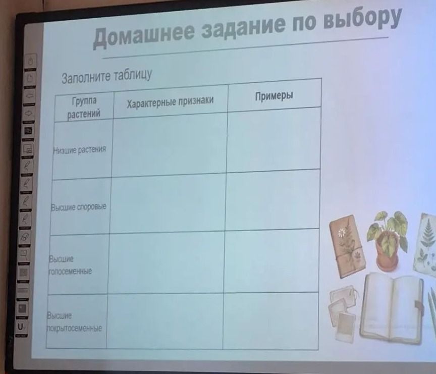 Фото задания: Заполните таблицу: «Группа растений — Характерные признаки — Примеры». Группы: низшие растения, высшие споровые, высшие…