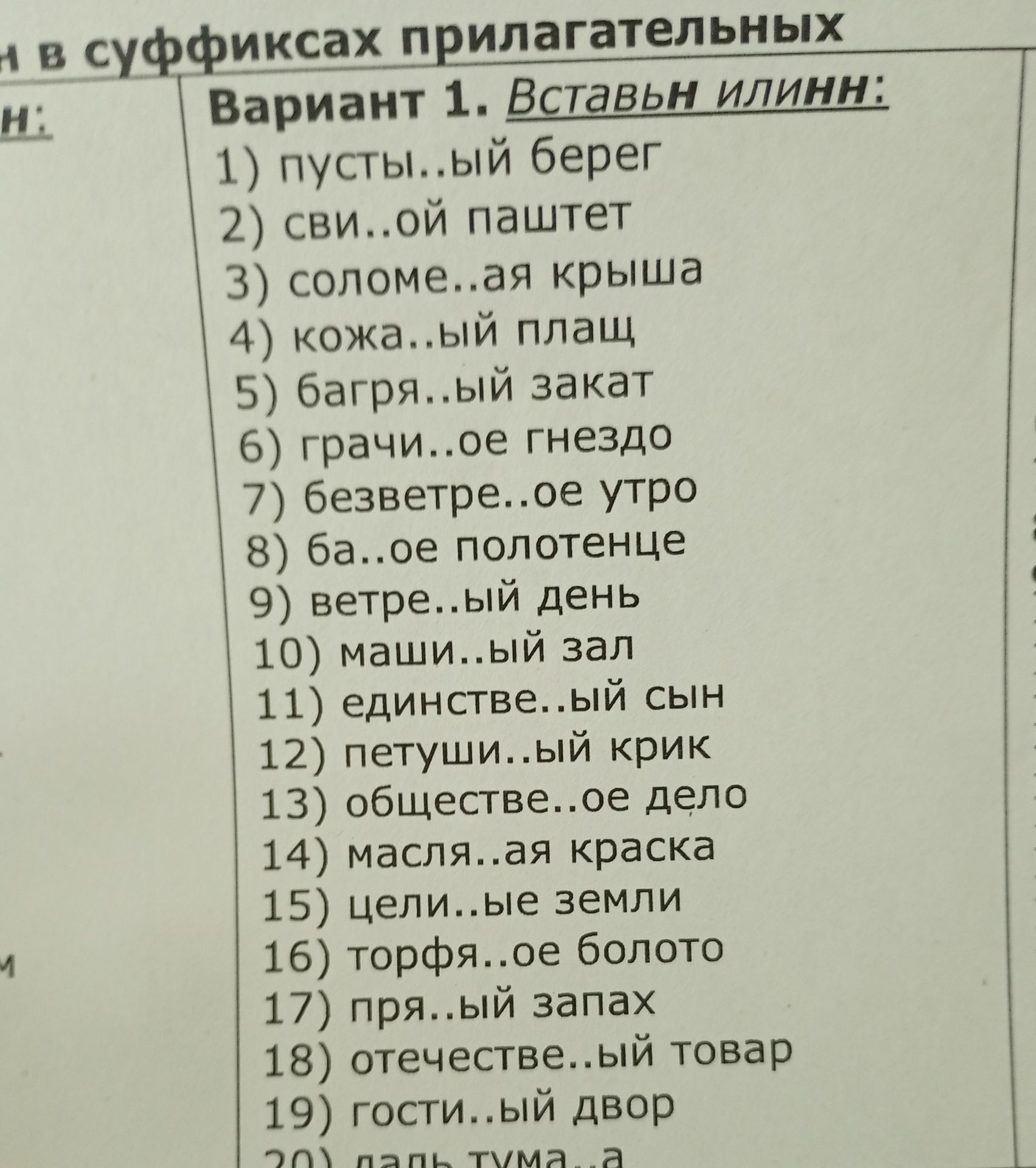 Фото задания: Вставь н или нн: 1) пусты..ый берег 2) сви..ой паштет 3) соломе..ая крыша 4) кожа..ый плащ 5) багря..ый закат 6) грачи..ое…