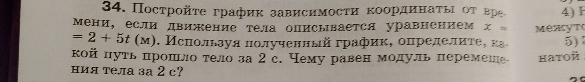 Фото задания: 34. Постройте график зависимости координаты от времени, если движение тела описывается уравнением x = 2 + 5t (м). Используя…