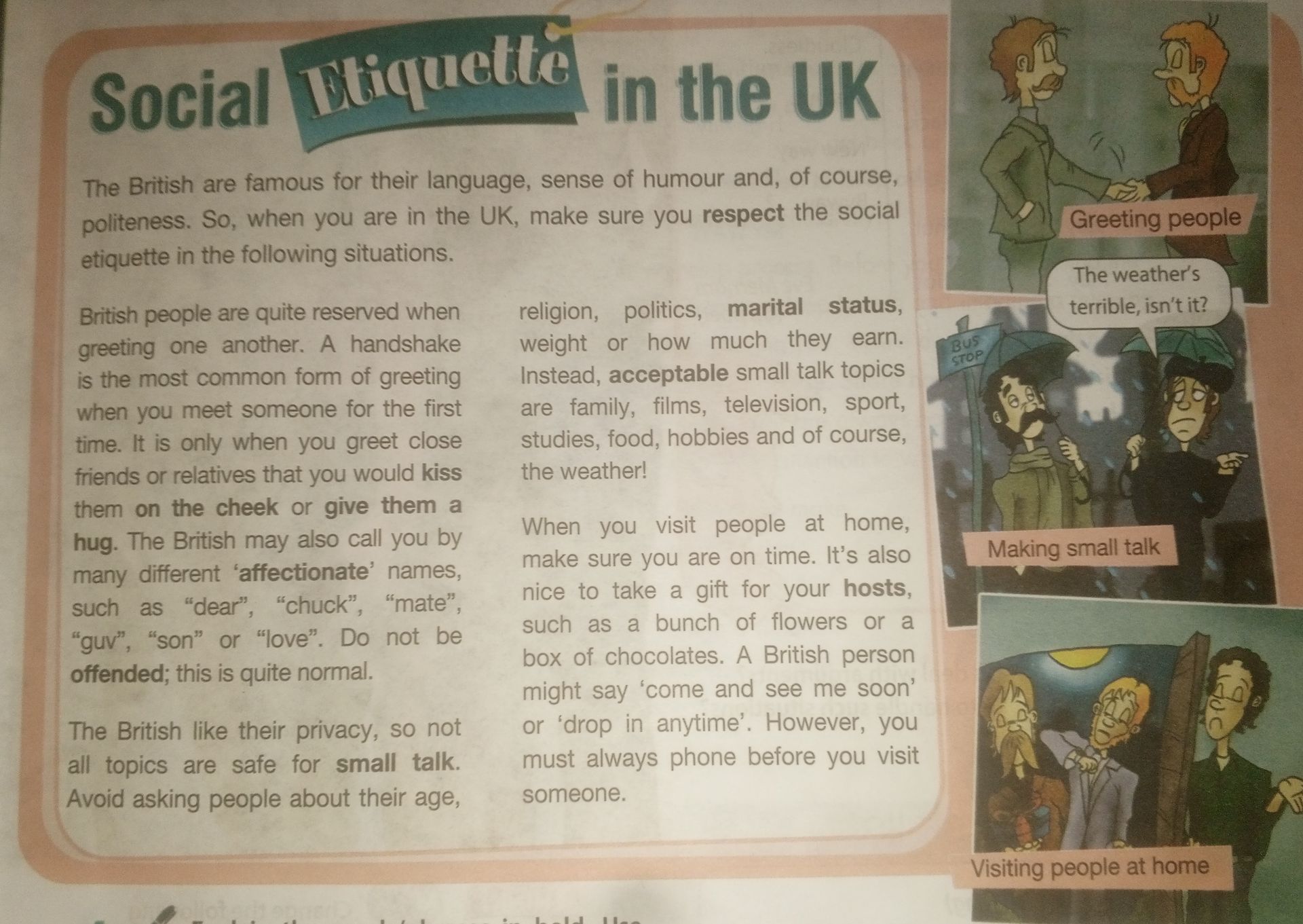 Фото задания: Social Etiquette in the UK. Прочитайте текст о правилах социального этикета в Великобритании.