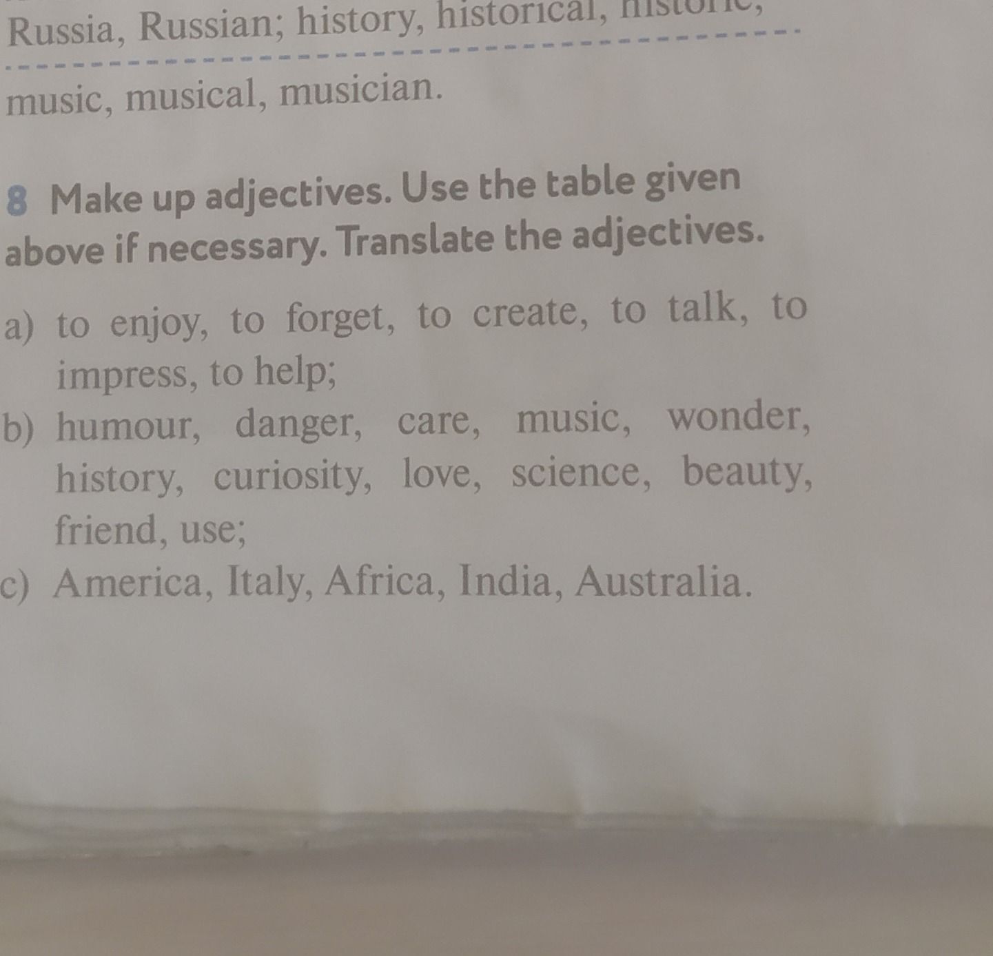 Фото задания: 8. Make up adjectives. Use the table given above if necessary. Translate the adjectives. a) to enjoy, to forget, to create,…