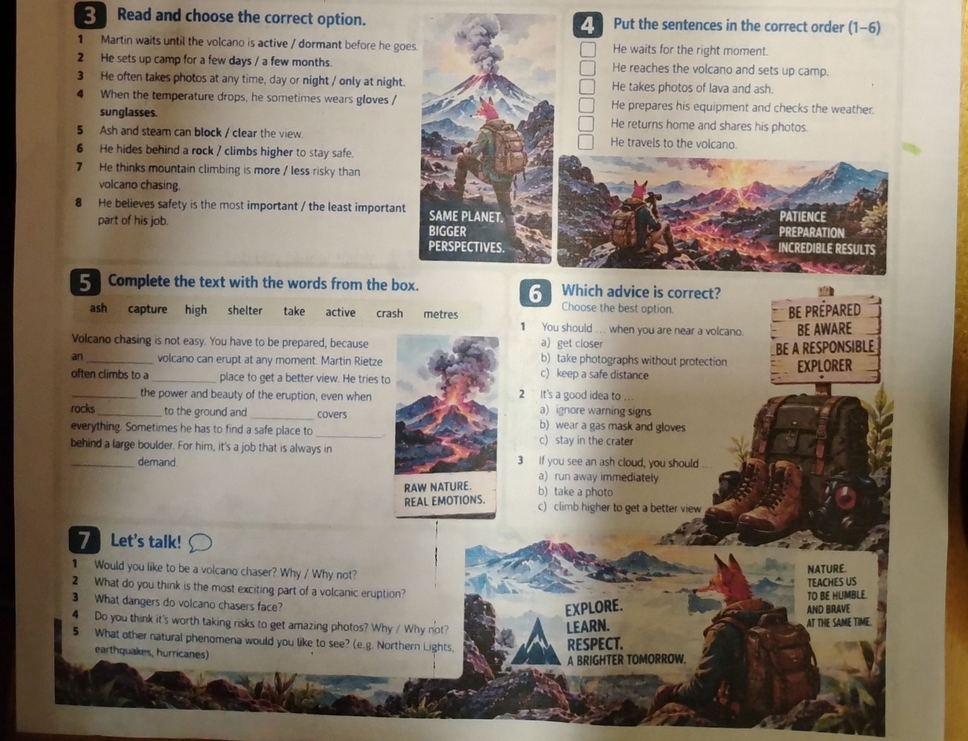 Фото задания: 5. Complete the text with the words from the box: ash, capture, high, shelter, take, active, crash, metres. Volcano chasing…