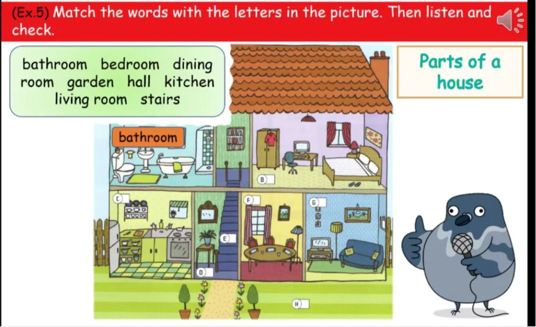 Фото задания: (Ex.5) Match the words with the letters in the picture. Then listen and check. bathroom, bedroom, dining room, garden,…