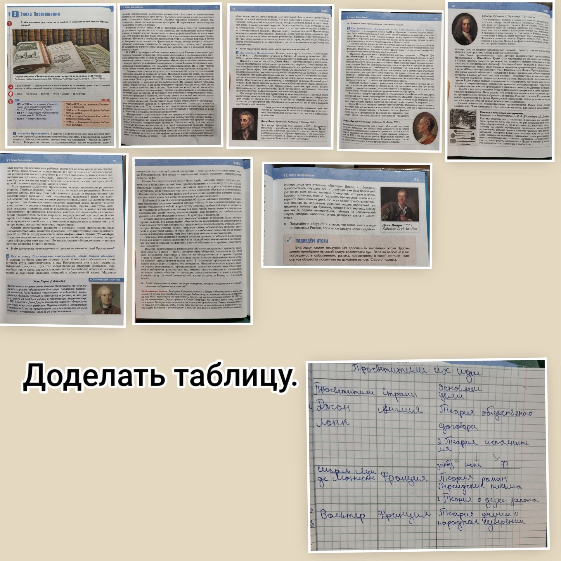 Фото задания: Доделать таблицу «Просветители — страны — основные идеи»: Джон Локк, Монтескьё, Жан-Жак Руссо, Вольтер, Дени Дидро.