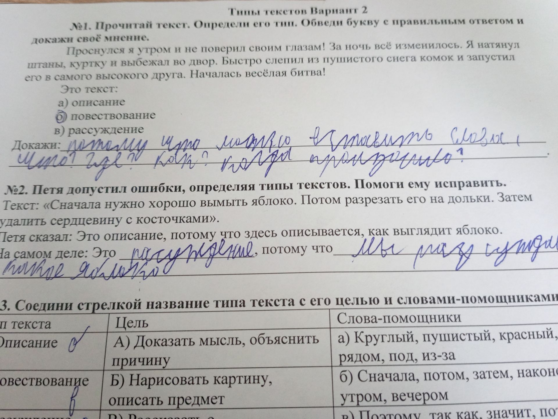 Фото задания: №2. Петя допустил ошибки, определяя типы текстов. Помоги ему исправить. Текст: «Сначала нужно хорошо вымыть яблоко. Потом…