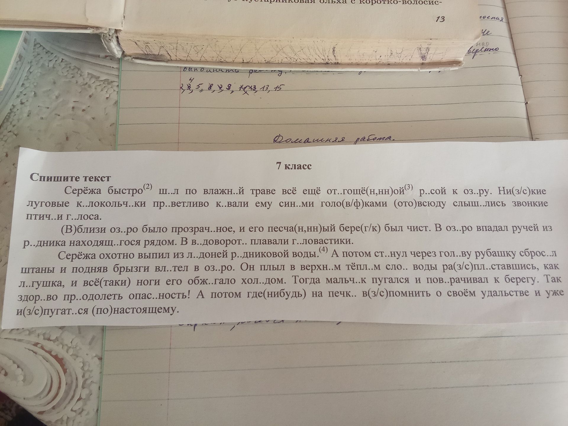Фото задания: Серёжа быстро(2) ш..л по влажн..й траве всё ещё от..гощ..(н,нн)ой(3) р..сой к оз..ру. Ни(з/с)кие луговые к..локольч..ки…