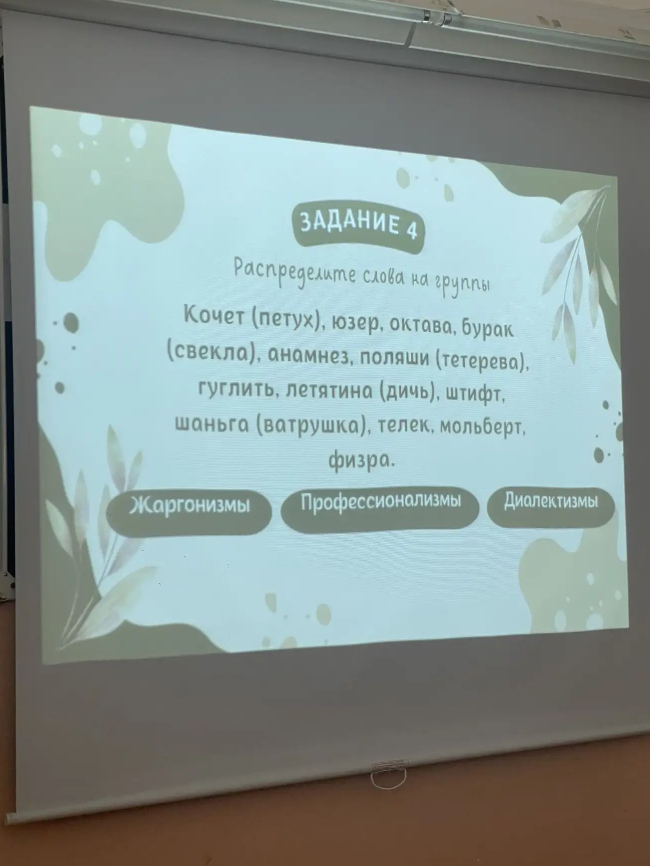 Фото задания: Задание 4. Распределите слова на группы: жаргонизмы, профессионализмы, диалектизмы: козет (петух), юзер, октава, бурак…