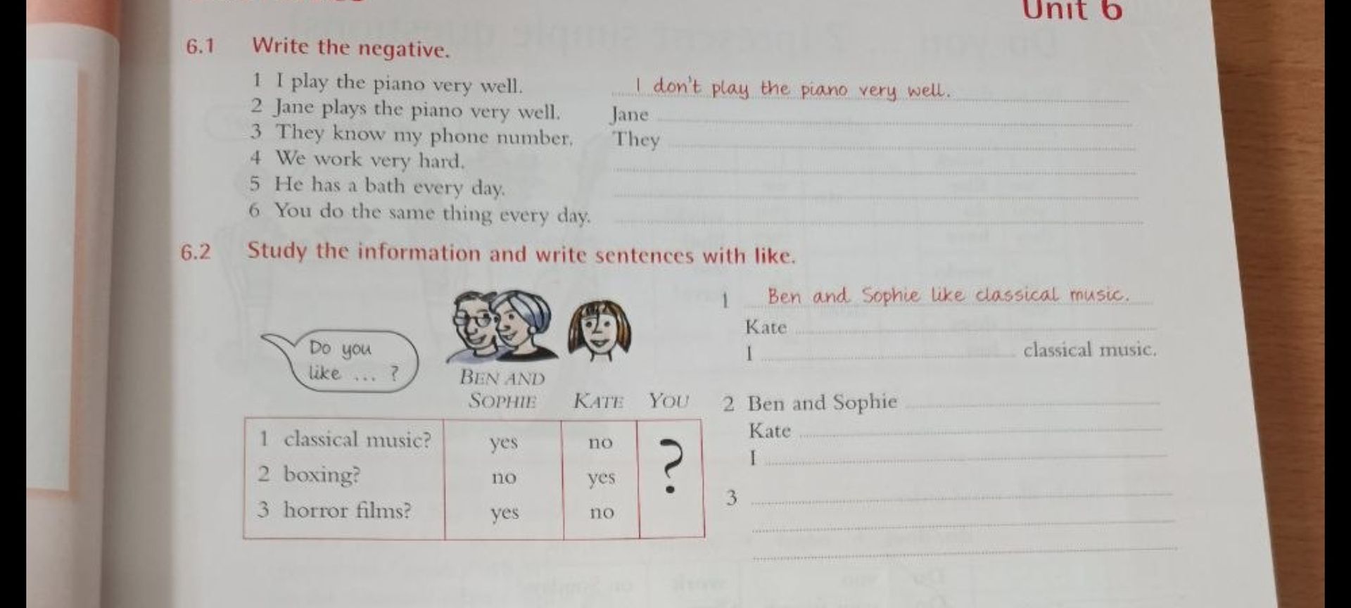 Фото задания: 6.2 Study the information and write sentences with like. 1 classical music? Ben and Sophie: yes; Kate: no; You: ?. 2…