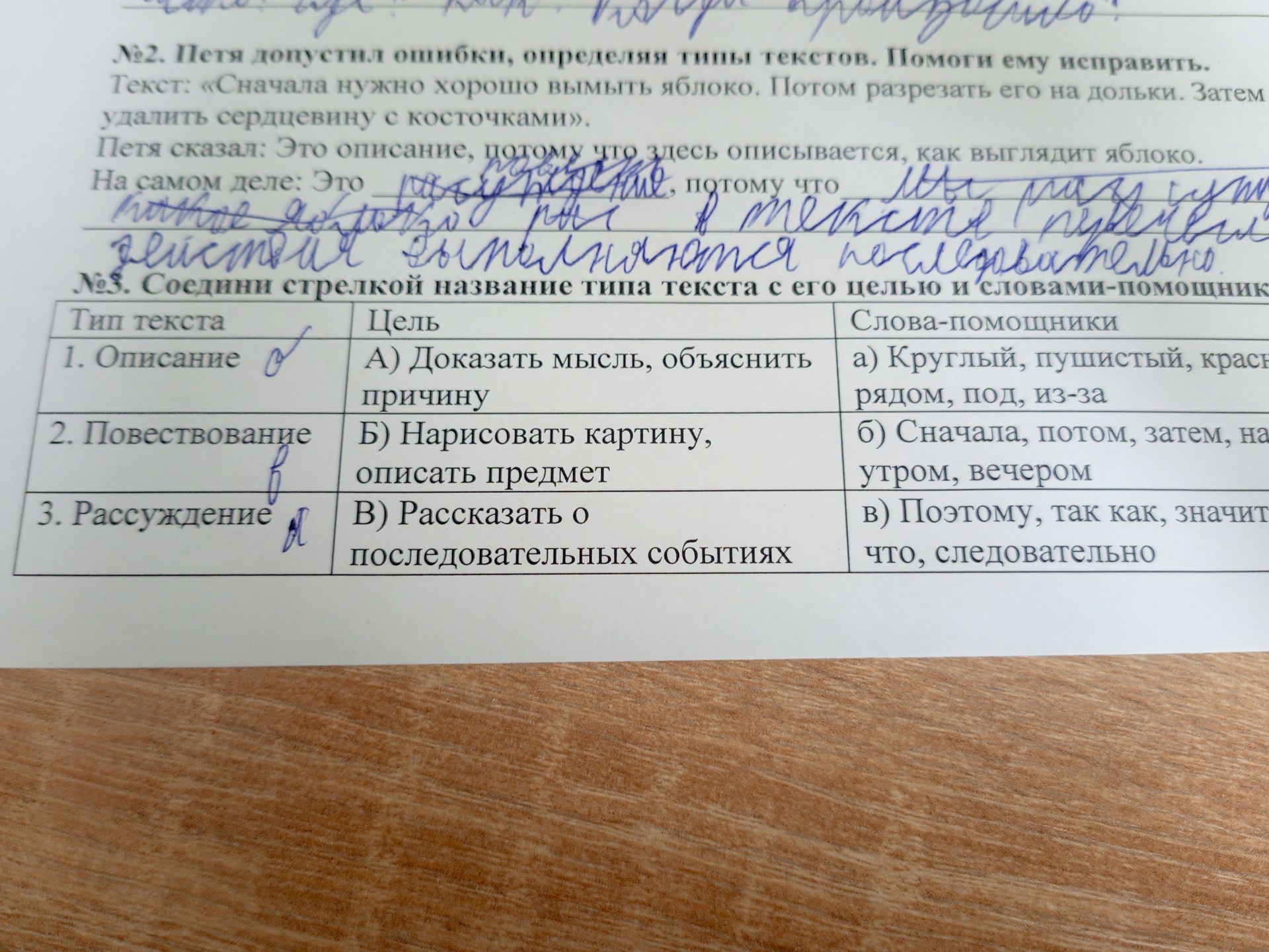 Фото задания: №3. Соедини стрелкой название типа текста с его целью и словами-помощниками: 1. Описание; 2. Повествование; 3. Рассуждение.…