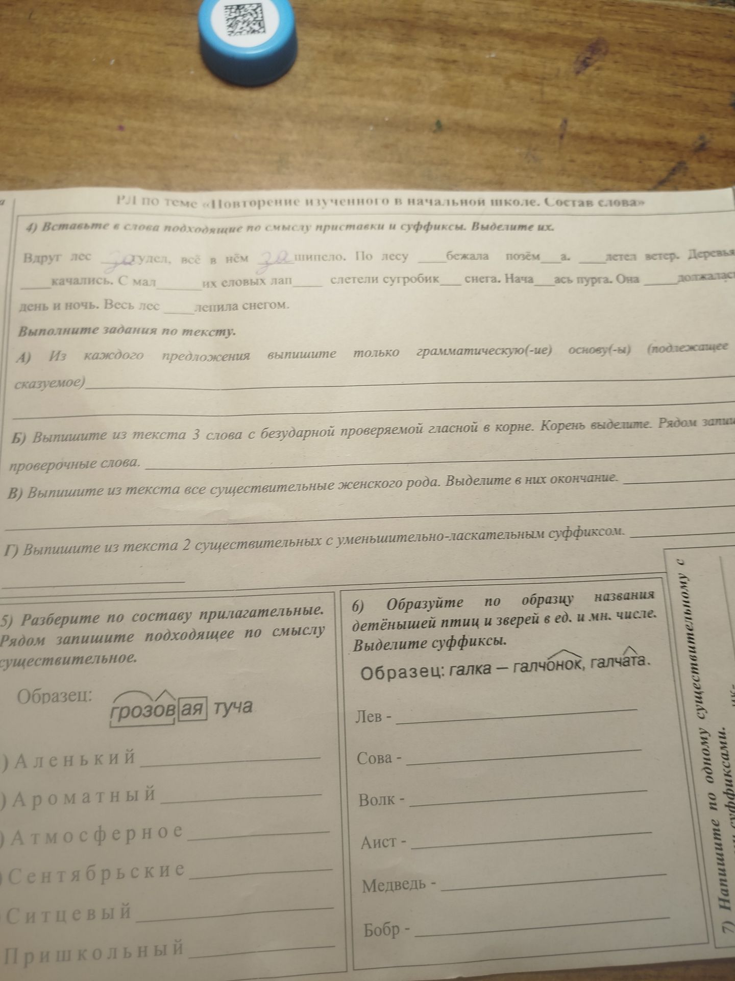 Фото задания: 6) Образуйте по образцу названия детёнышей птиц и зверей в единственном и множественном числе. Выделите суффиксы. Образец:…