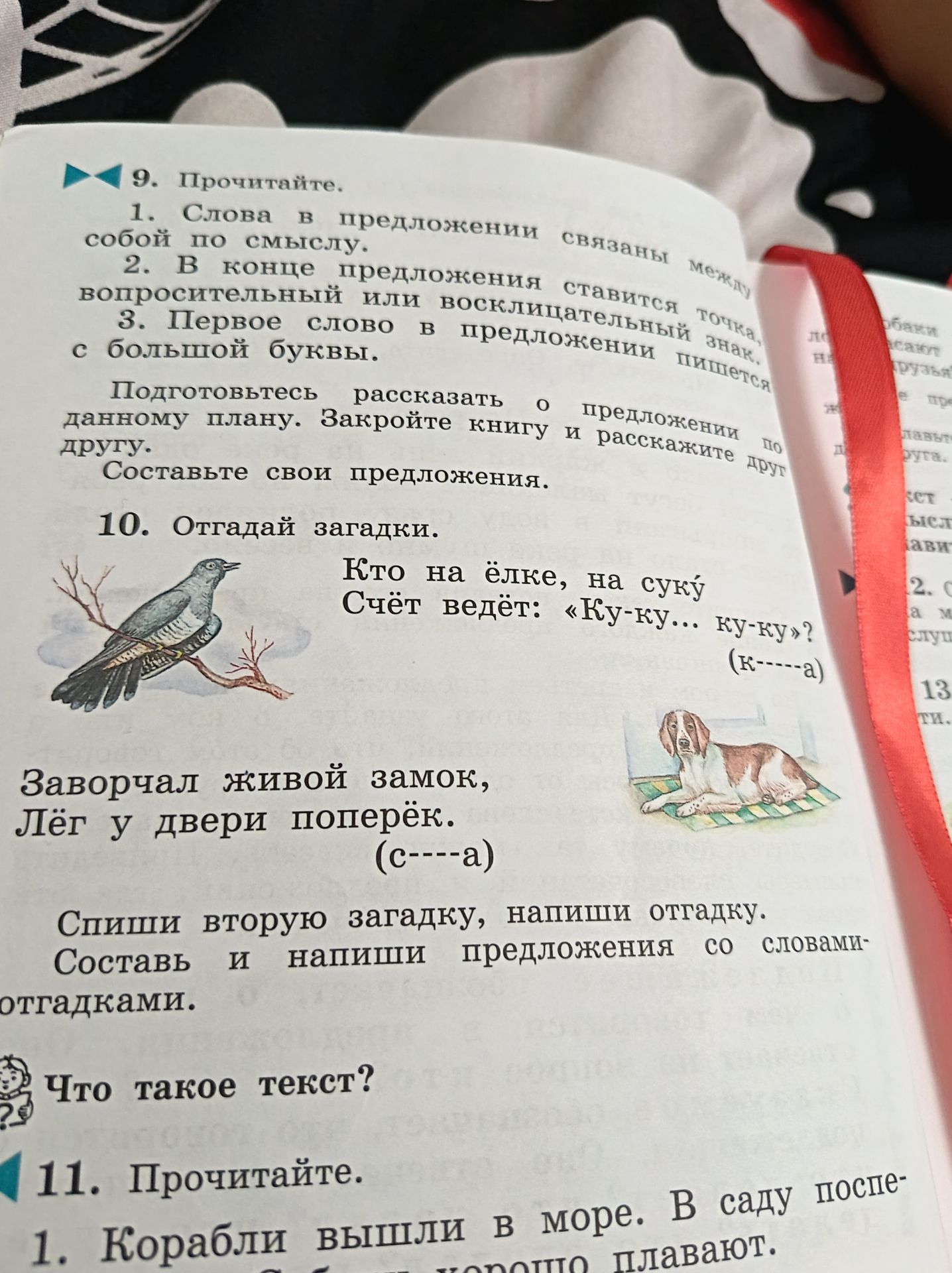 Фото задания: 9. Прочитайте. 1. Слова в предложении связаны между собой по смыслу. 2. В конце предложения ставится точка, вопросительный…