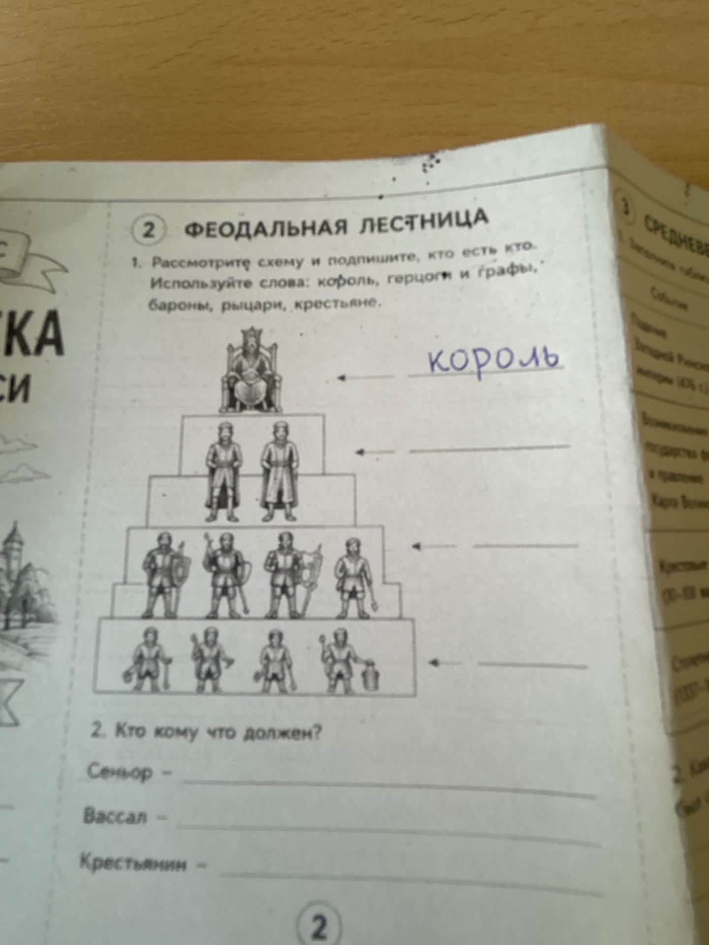Фото задания: 2. Кто кому что должен? Сеньор — …; вассал — …; крестьянин — … . [Продолжение задания обрезано на фотографии]
