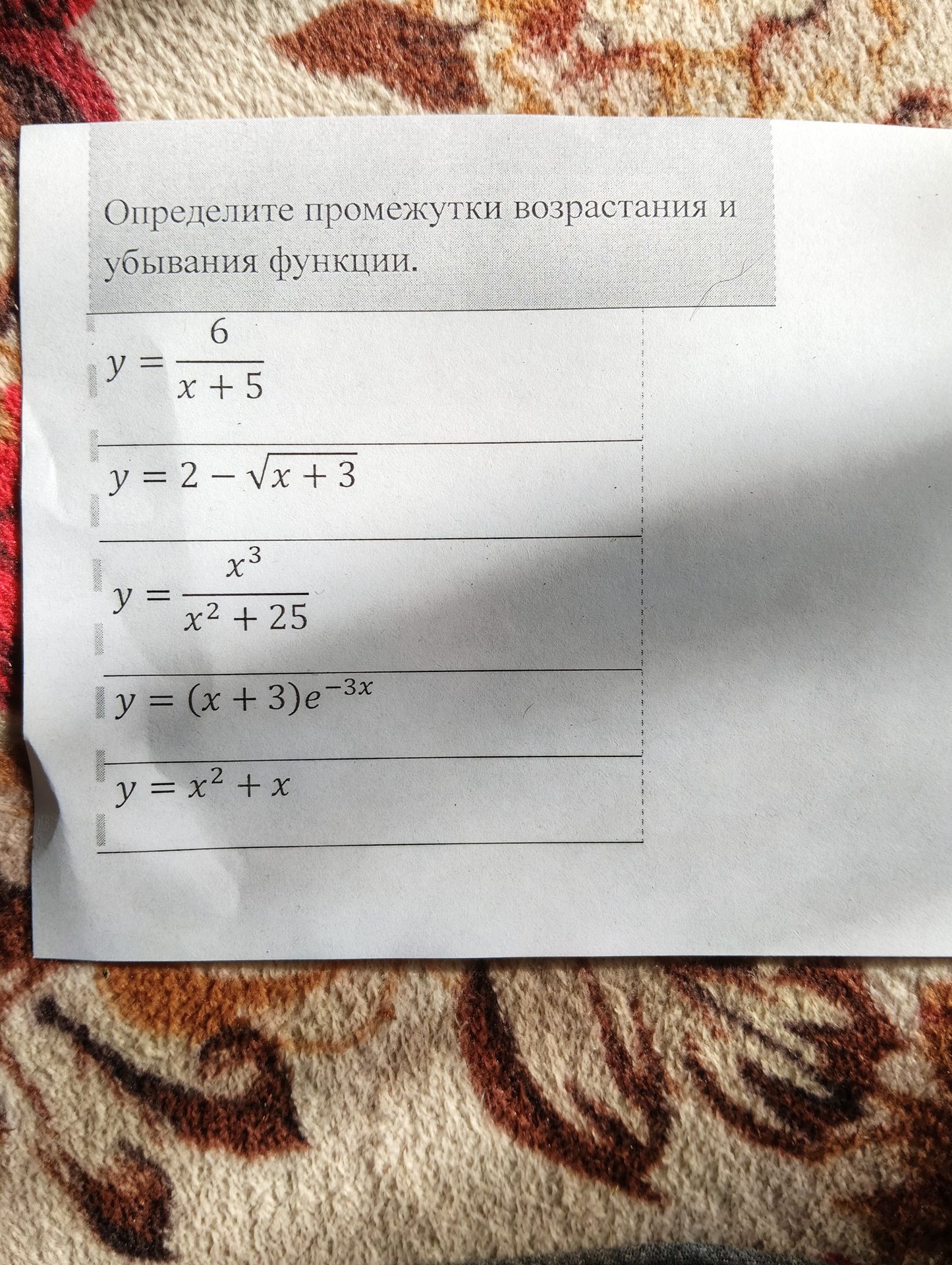 Фото задания: Определите промежутки возрастания и убывания функции: \(y=\frac{6}{x+5}\).