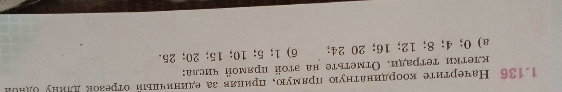 Фото задания: 1.136. Начертите координатную прямую, отметьте на этой прямой числа: а) 0; 4; 8; 12; 16; 20; 24; б) 1; 5; 10; 15; 20; 25.