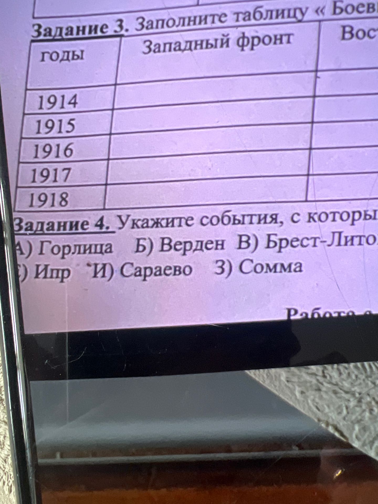Фото задания: Задание 4. Укажите события, с которыми связаны названия: А) Горлица; Б) Верден; В) Брест-Литовск; Г) Ипр; Д) Сараево; Е)…