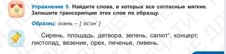 Фото задания: Упражнение 5. Найдите слова, в которых все согласные мягкие. Запишите транскрипции этих слов по образцу. Сирень, площадь,…