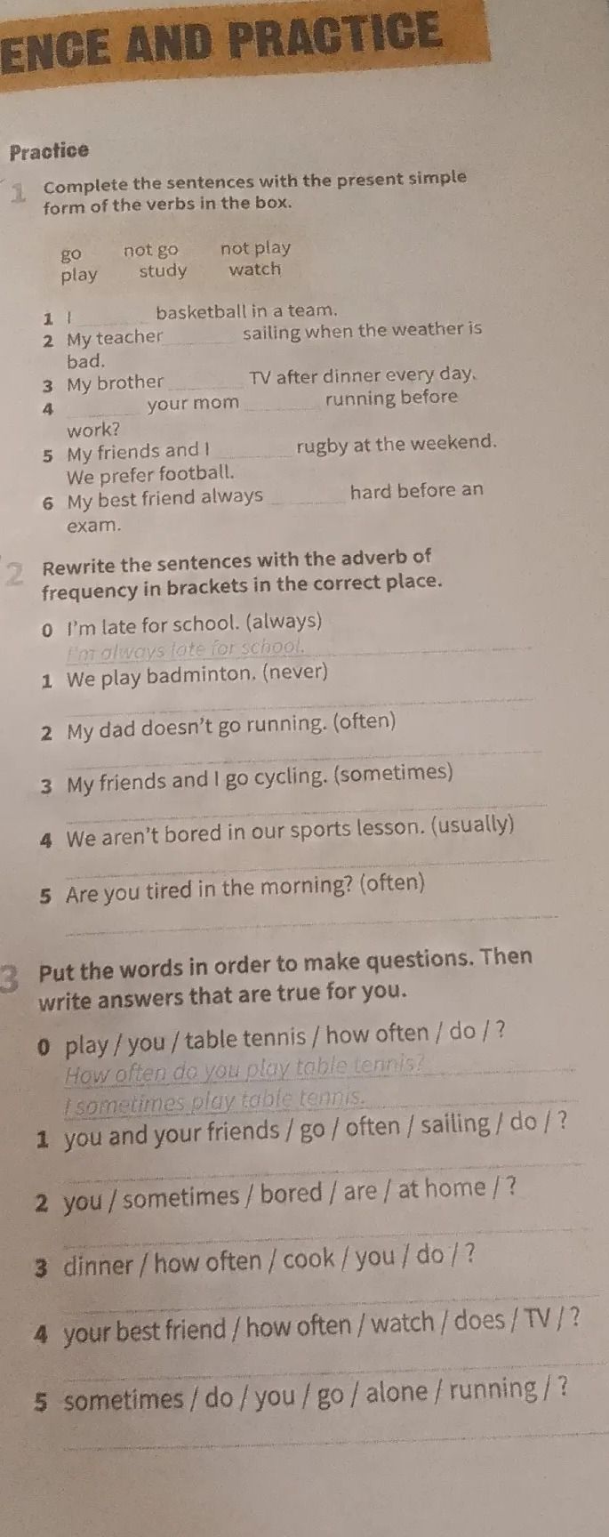 Фото задания: 3. Put the words in order to make questions. Then write answers that are true for you. 0) play / you / table tennis / how…