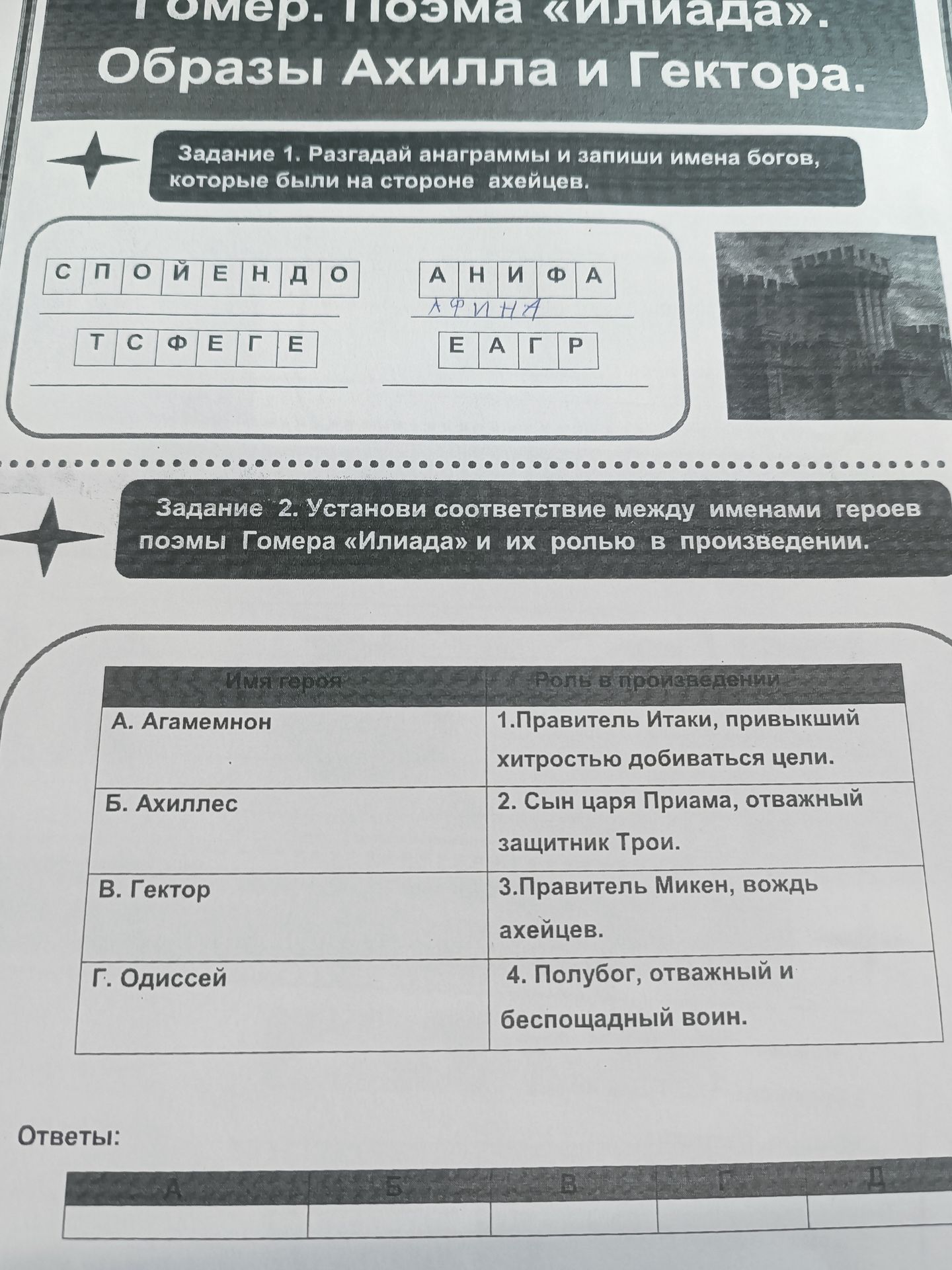 Фото задания: Задание 1. Разгадай анаграммы и запиши имена богов, которые были на стороне ахейцев: СПОЙЕНДО; АНИФА; ТСФЕГЕ; ЕАГР.
