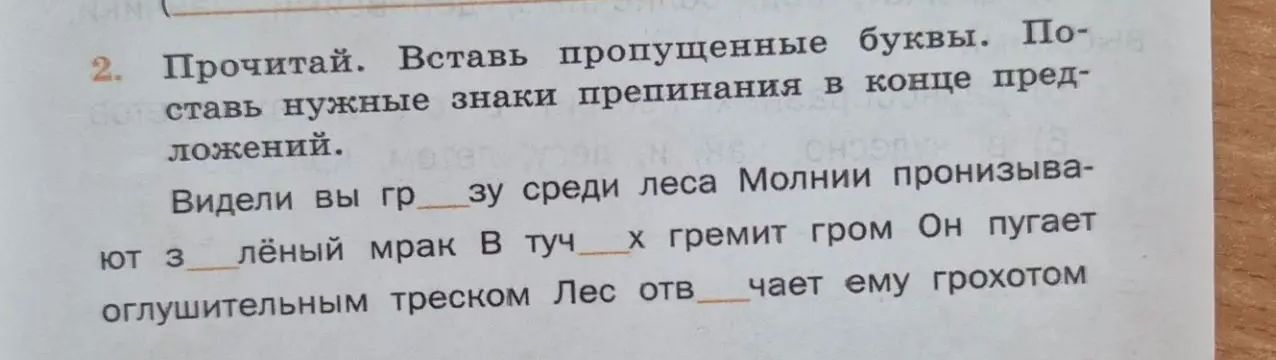 Фото задания: Прочитай. Вставь пропущенные буквы. Поставь нужные знаки препинания в конце предложений. Видели вы гр__зу среди леса Молнии…