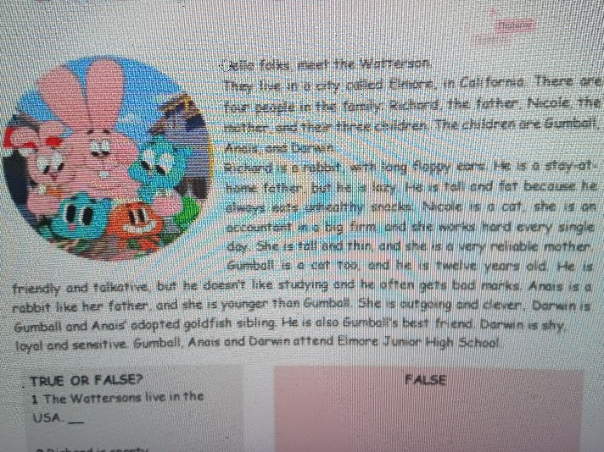 Фото задания: 1. The Wattersons live in the USA. — TRUE or FALSE?