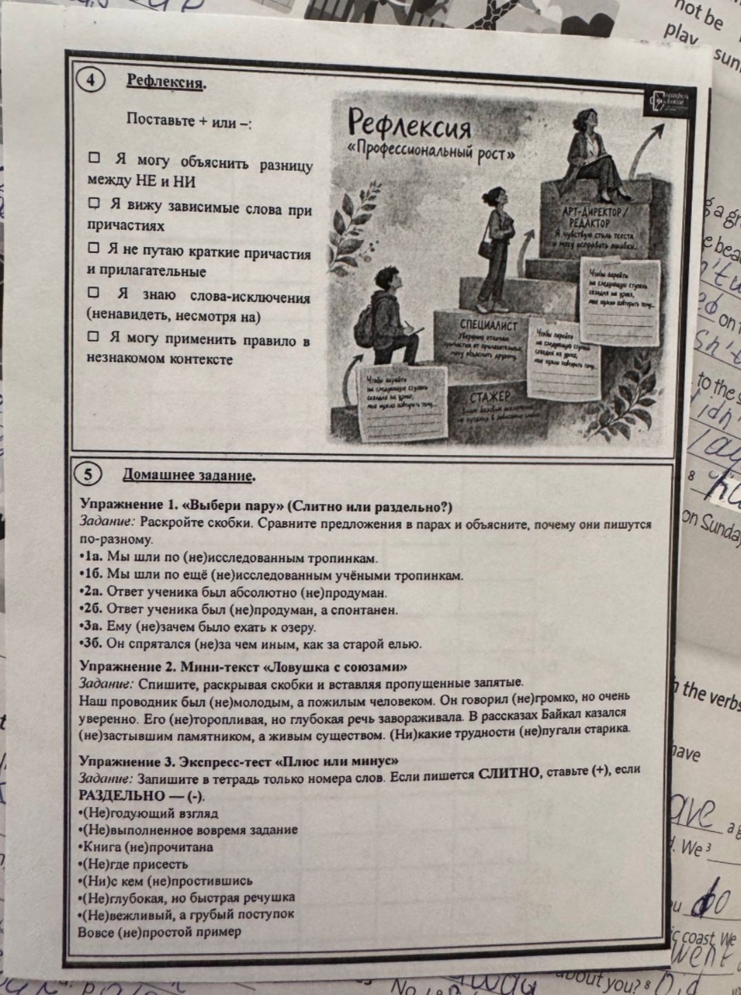 Фото задания: Рефлексия. Поставьте + или −: 1) Я могу объяснить разницу между НЕ и НИ. 2) Я вижу зависимые слова при причастиях. 3) Я не…