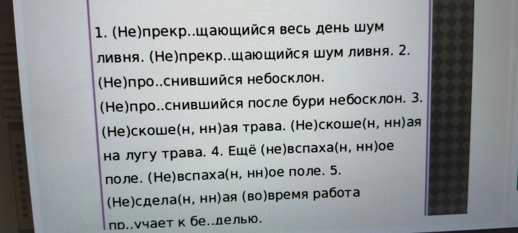 Фото задания: 1. (Не)прекращающийся весь день шум ливня. (Не)прекращающийся шум ливня. 2. (Не)про..снившийся небосклон.…
