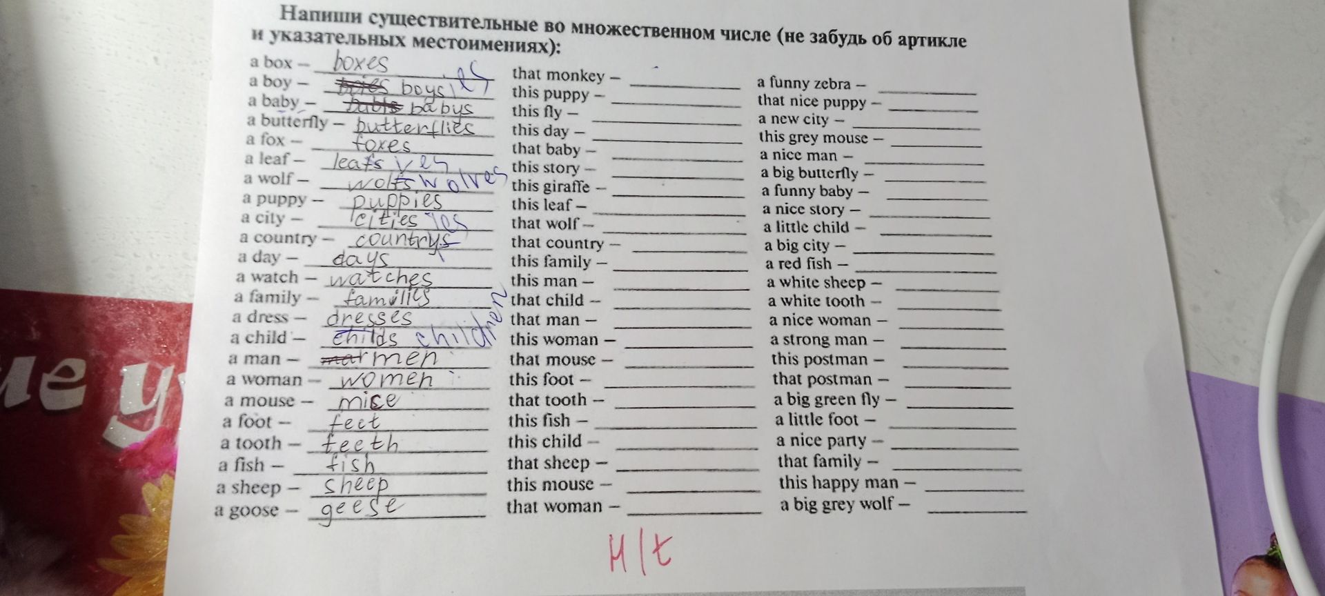 Фото задания: Write the nouns in the plural and use the article and demonstrative pronouns correctly: a box; a boy; a baby; a butterfly;…