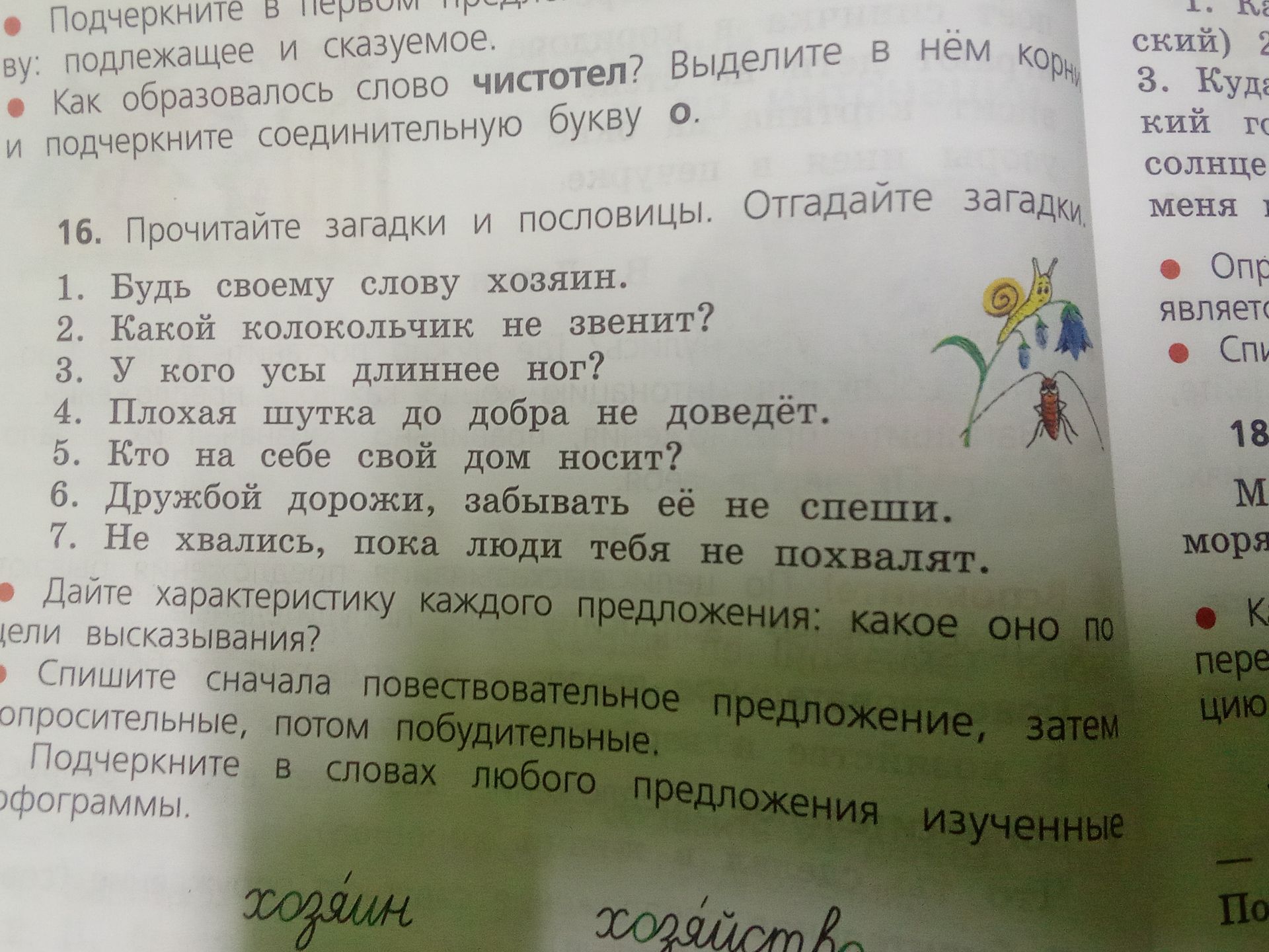 Фото задания: 16. Прочитайте загадки и пословицы. Отгадайте загадки, дайте характеристику каждого предложения по цели высказывания и…