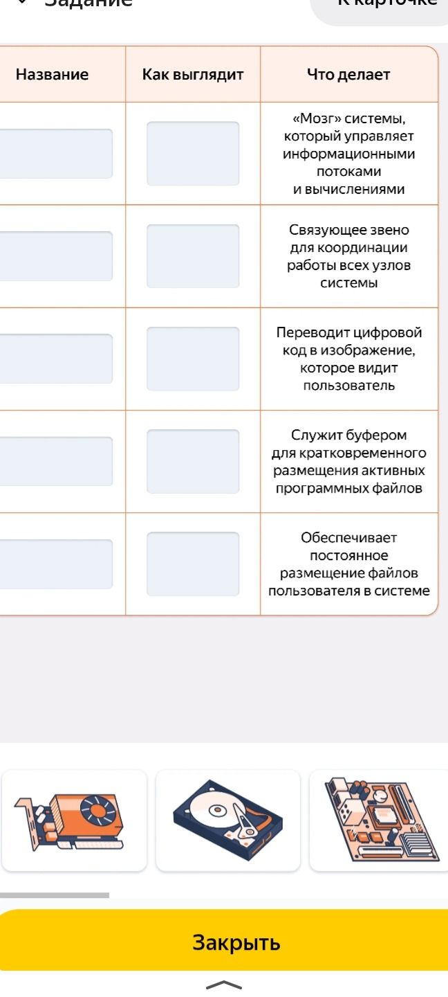 Фото задания: Заполнить таблицу: сопоставить названия и изображения устройств с их функциями: 1) «Мозг» системы, который управляет…