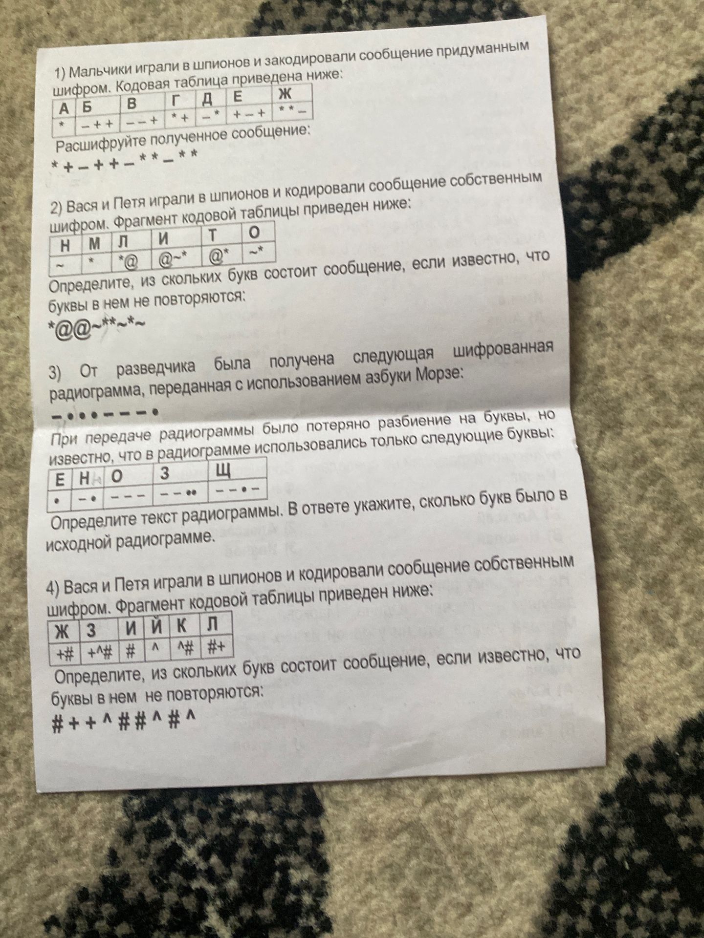 Фото задания: 1) Мальчики играли в шпионов и закодировали сообщение придуманным шифром. Кодовая таблица: А — *, Б — -++, В — --+, Г — *+, Д…