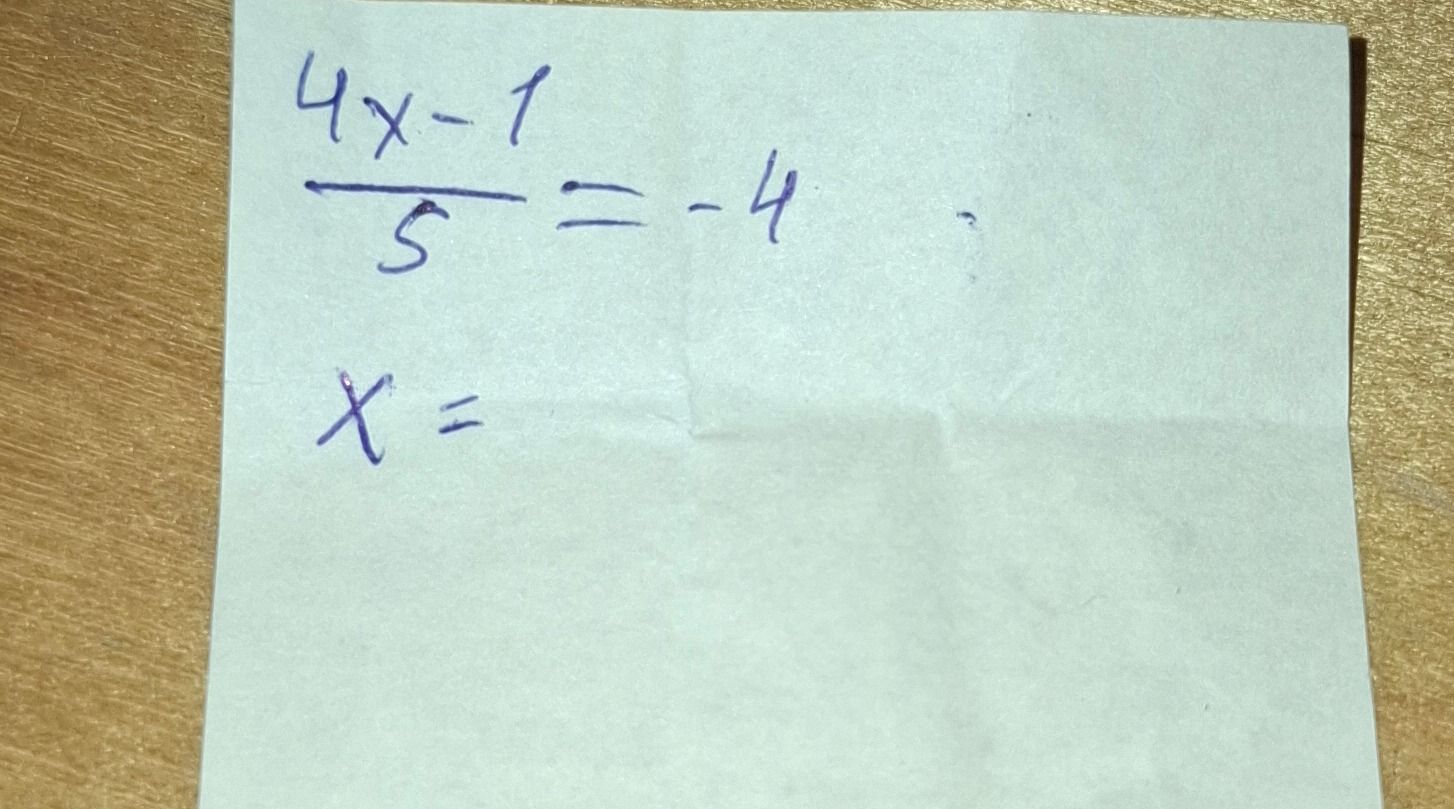 Фото задания: Решите уравнение: \(\frac{4x-1}{5}=-4\). Найдите \(x\).