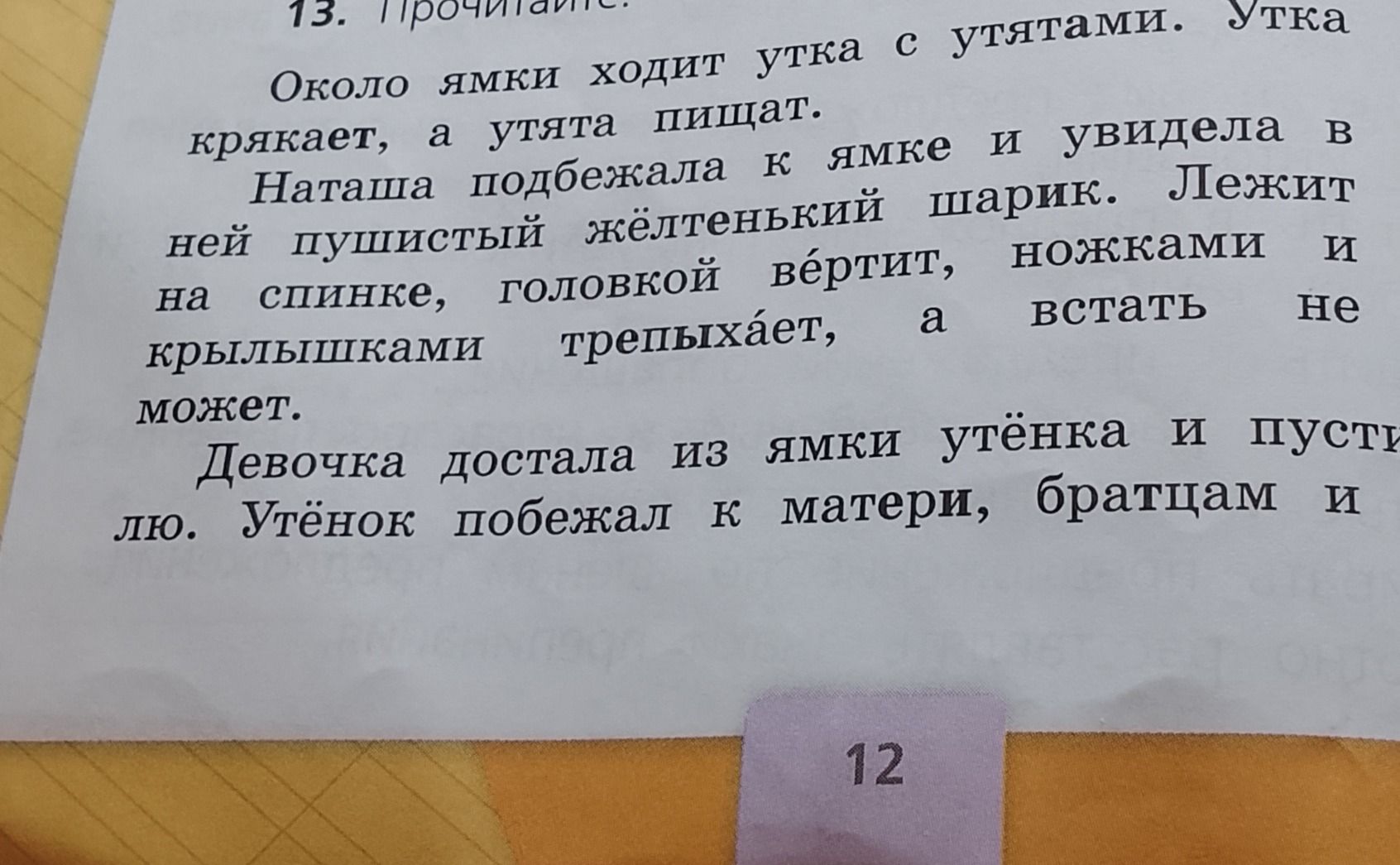 Фото задания: 13. Прочитай. Около ямки ходит утка с утятами. Утка крякает, а утята пищат. Наташа подбежала к ямке и увидела в ней…