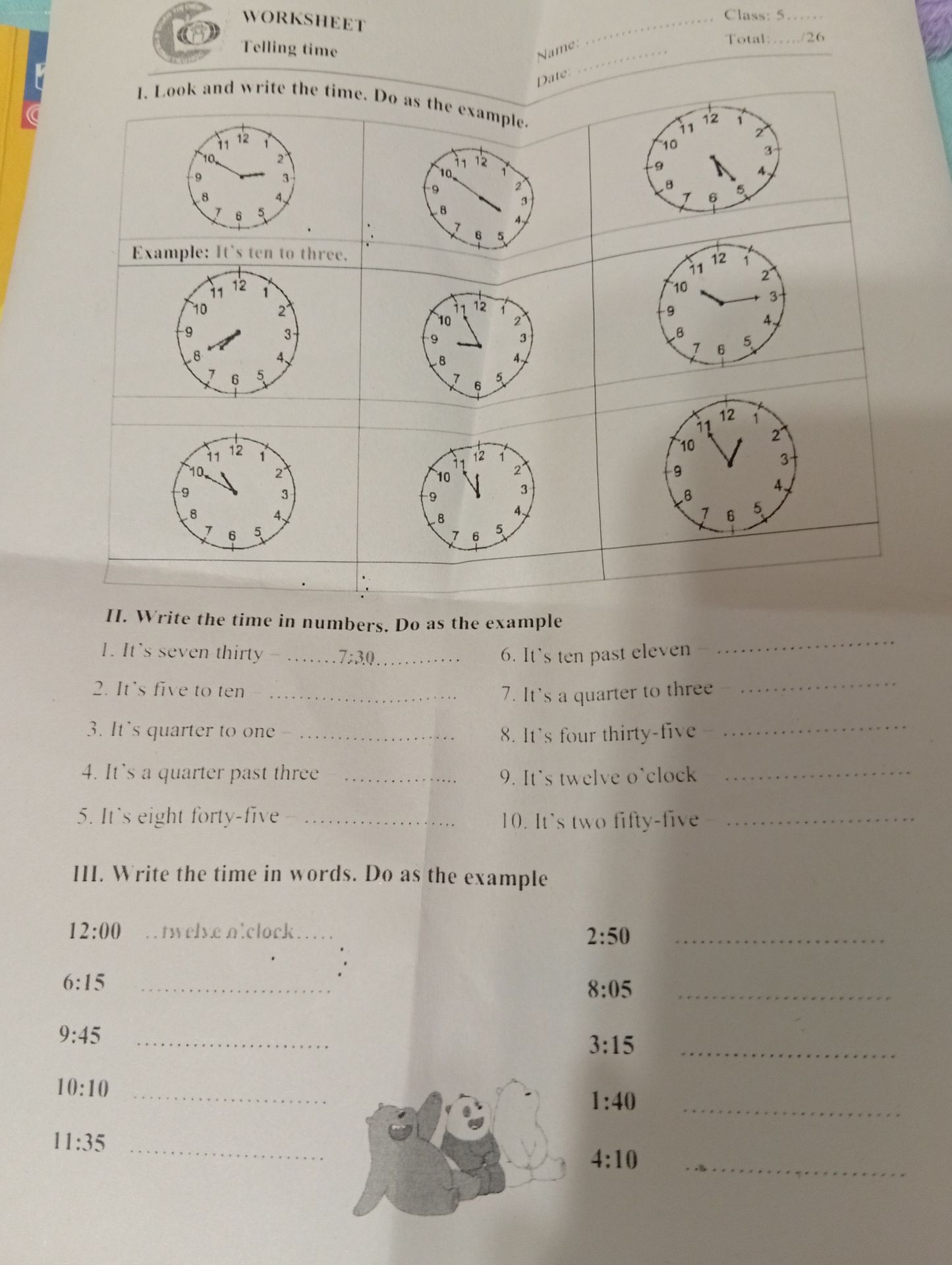 Фото задания: II. Write the time in numbers. Do as the example. 1. It’s seven thirty. 2. It’s five to ten. 3. It’s quarter to one. 4.…