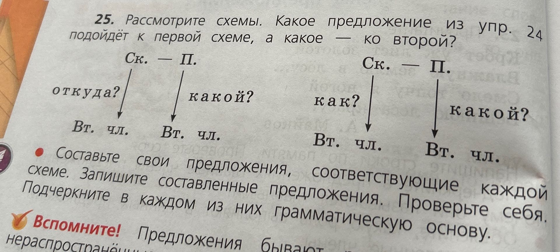 Фото задания: 25. Рассмотрите схемы. Какое предложение из упр. 24 подойдёт к первой схеме, а какое — ко второй? Составьте свои предложения,…