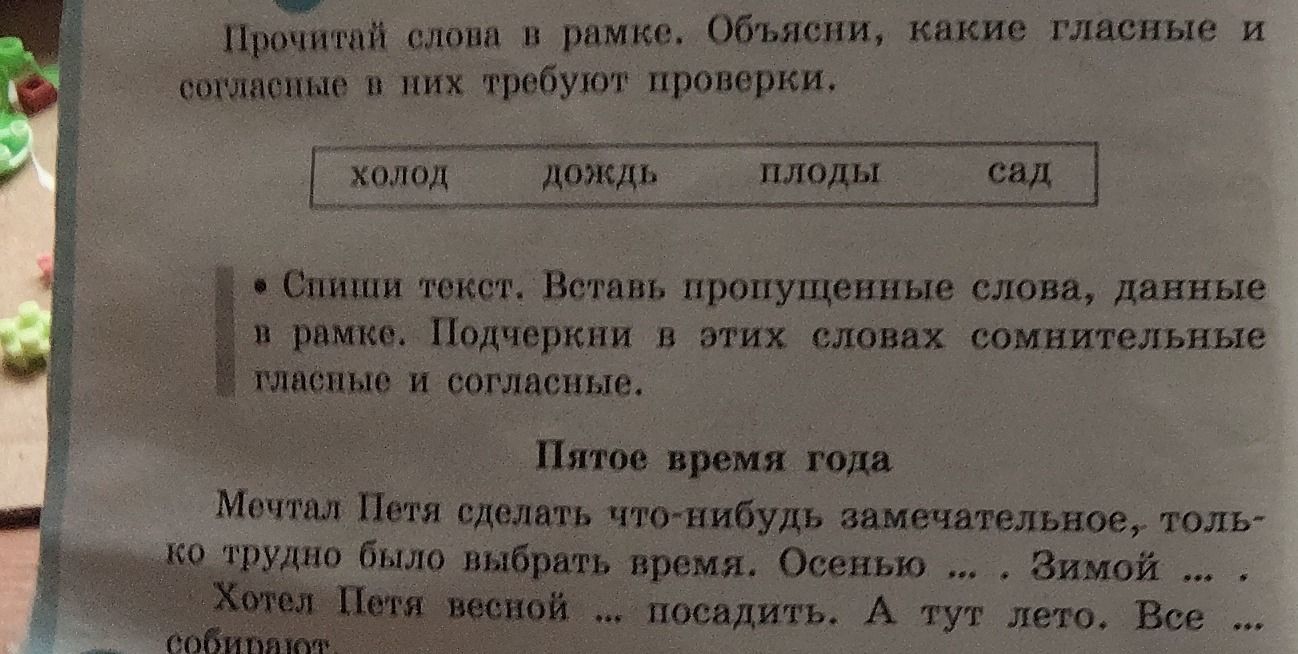 Фото задания: Прочитай слова в рамке. Объясни, какие гласные и согласные в них требуют проверки: холод, дождь, плоды, сад.