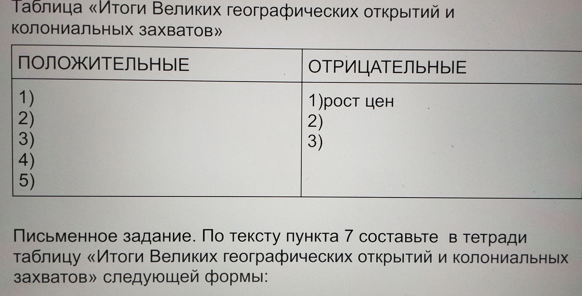 Фото задания: Письменное задание. По тексту пункта 7 составьте в тетради таблицу «Итоги Великих географических открытий и колониальных…