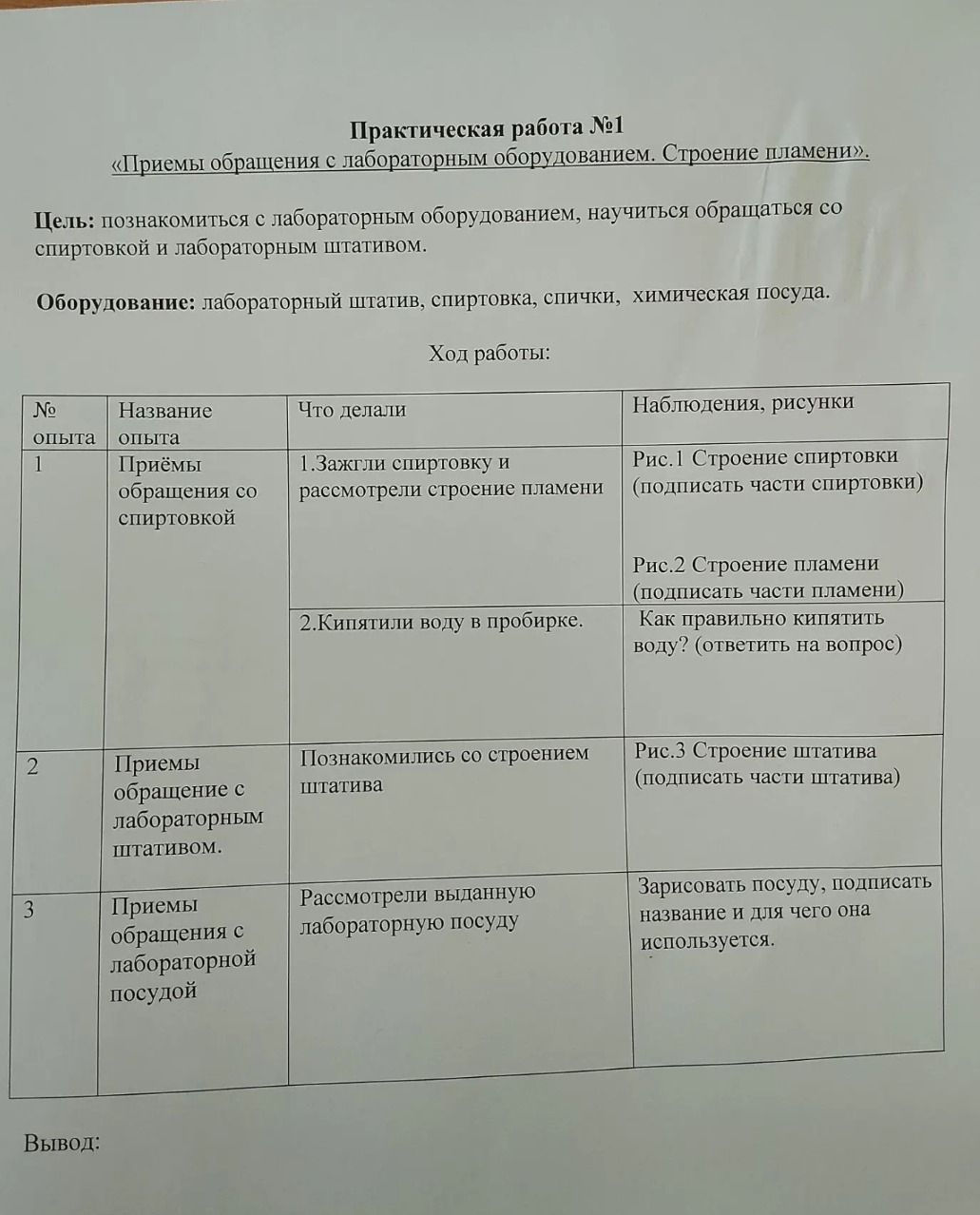 Фото задания: Вывод: сделать вывод по практической работе № 1 «Приёмы обращения с лабораторным оборудованием. Строение пламени».