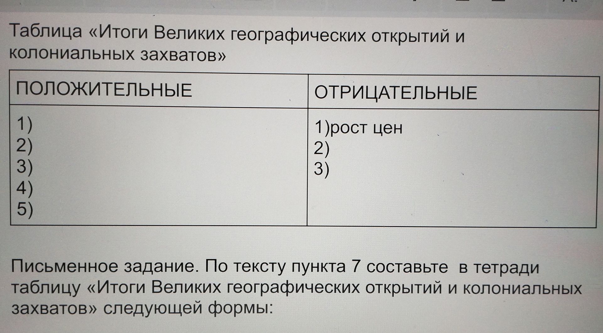 Фото задания: По тексту пункта 7 составьте в тетради таблицу «Итоги Великих географических открытий и колониальных захватов» следующей…