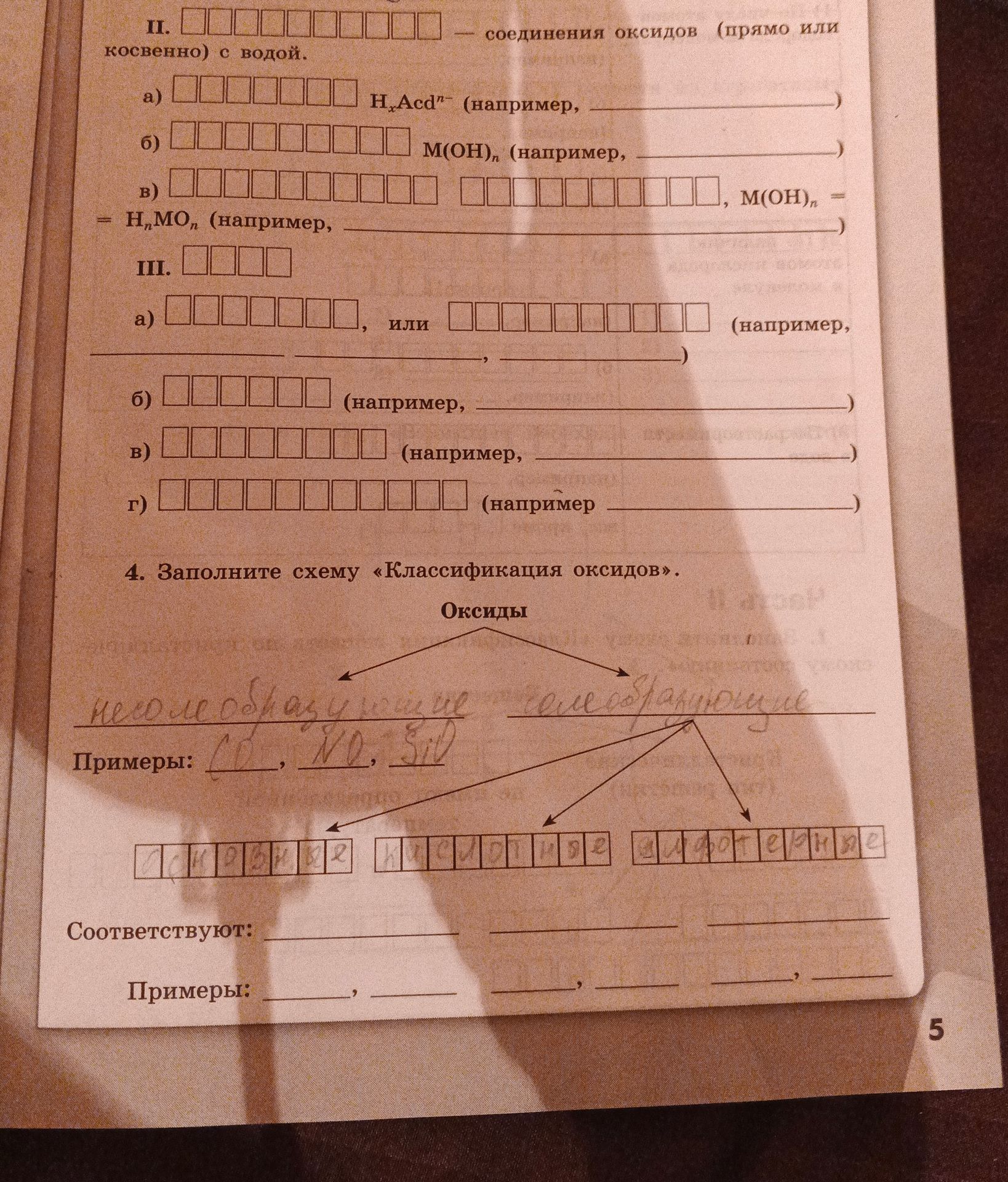Фото задания: II. ____ — соединения оксидов (прямо или косвенно) с водой. а) ____ HₓAcᵈ⁻ (например, ____). б) ____ M(OH)ₙ (например, ____).…