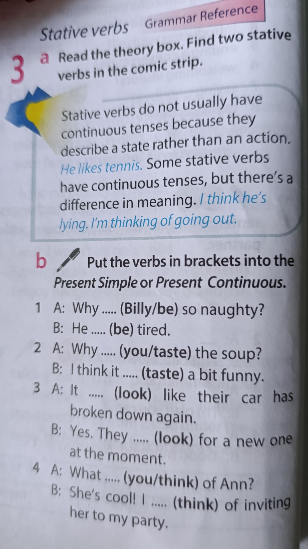 Фото задания: 3a Read the theory box. Find two stative verbs in the comic strip.
